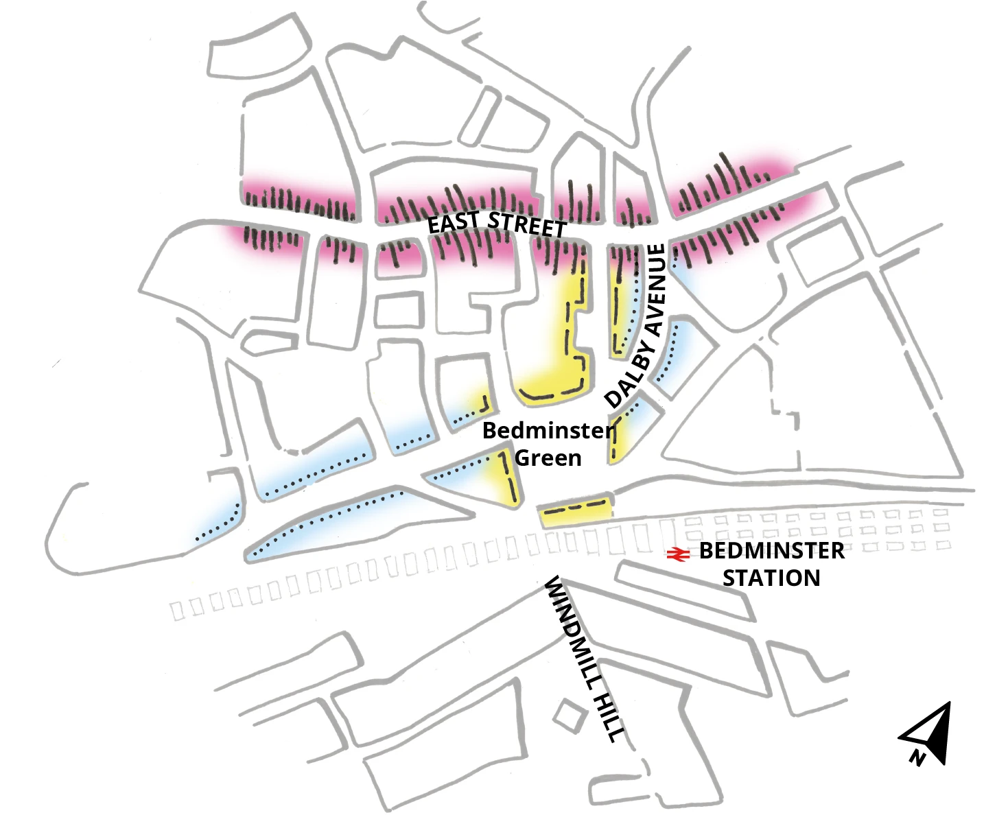 The base of this diagram, which is the same for all the framework diagrams, is a hand drawing showing the urban blocks of the wider Bedminster Green area – East Street is towards the top of the image, Dalby Avenue is in the middle, the railway and Bedminster station is below that and Windmill Hill is at the bottom. Buildings along East Street are highlighted in pink, buildings along Dalby Avenue are highlighted in blue and buildings around Bedminster Green and St Catherine’s Place are highlighted in yellow.
