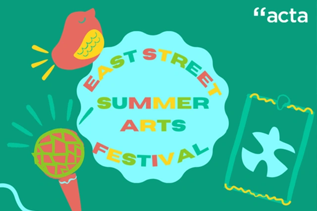 Illustration East Street Summer Arts Festival advert with a bird and microphone. "acta logo top right.