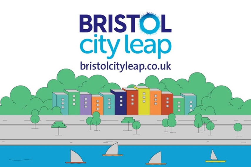 Bristol City Leap logo on an illustrated background of houses on a riverbank