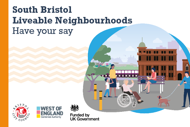 South Bristol Liveable Neighbourhood text with cartoon of people using a street with fewer cars