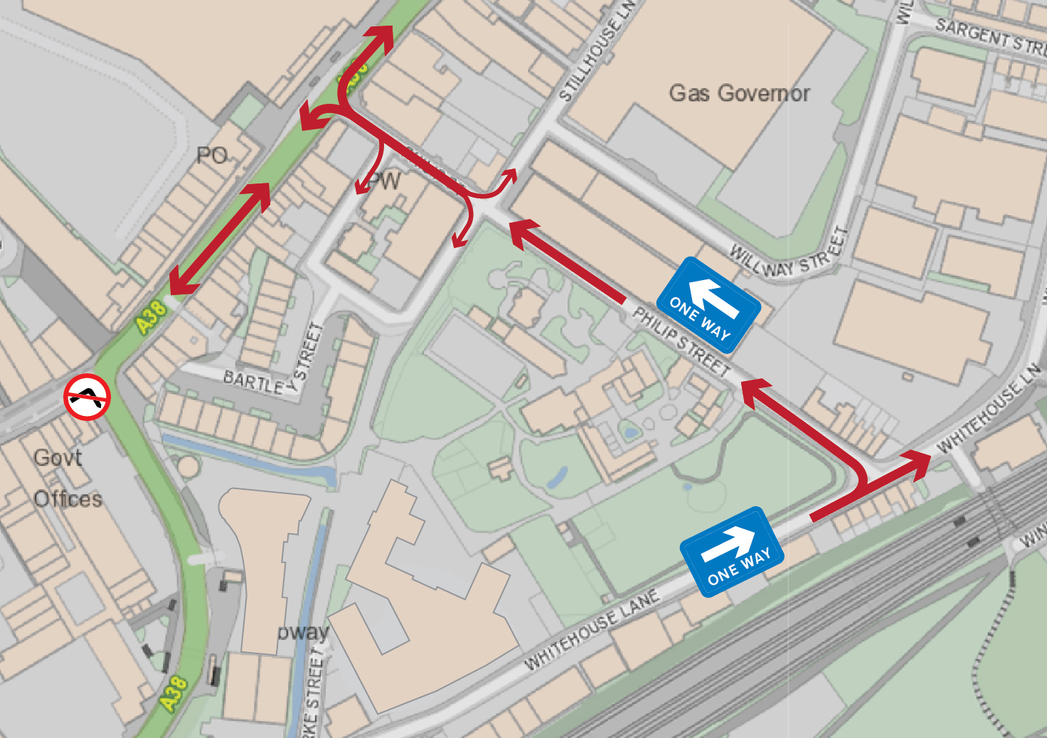 Map showing one way system on Philip Street. Access is still maintained from Bedminster Parade to Bartley Street and Stillhouse Lane.