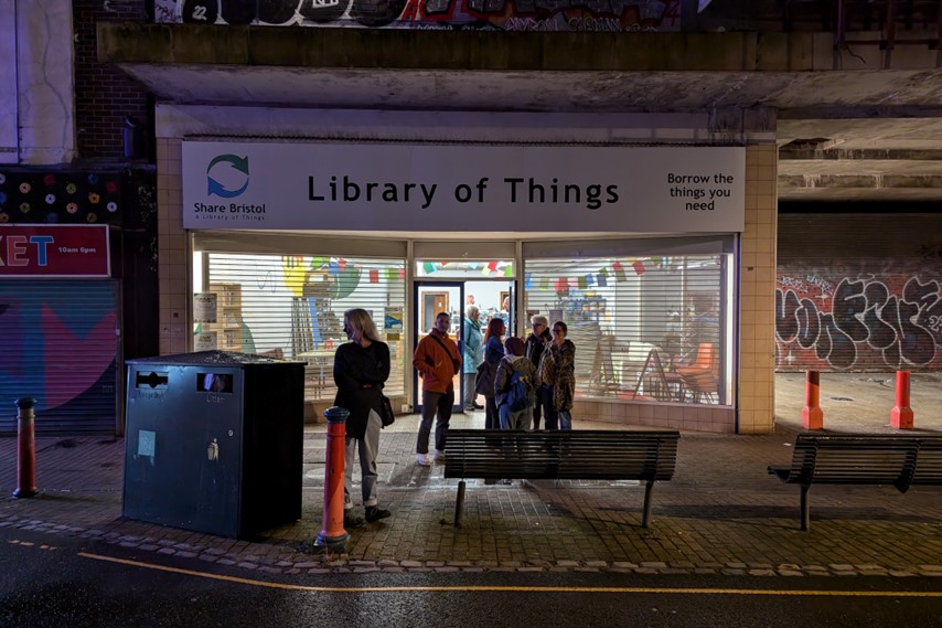 An evening view of the Bedminster Library of Things shopfront