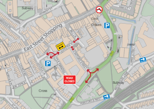 Diagram explaining the Little Paradise road closure and Leicester Street diversion.