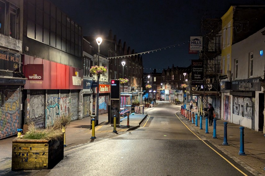 An evening view of East Street, looking down the street towards Wilko