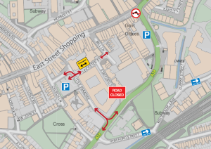 Diagram explaining the Stafford Street road closure and Leicester Street diversion.