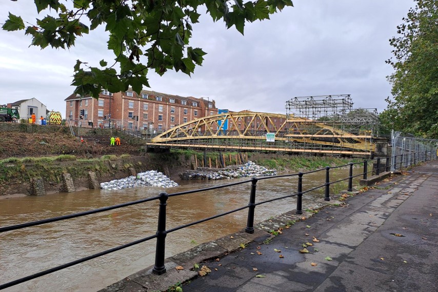 A view of Langton Street bridge and the stabilising works on the river bank