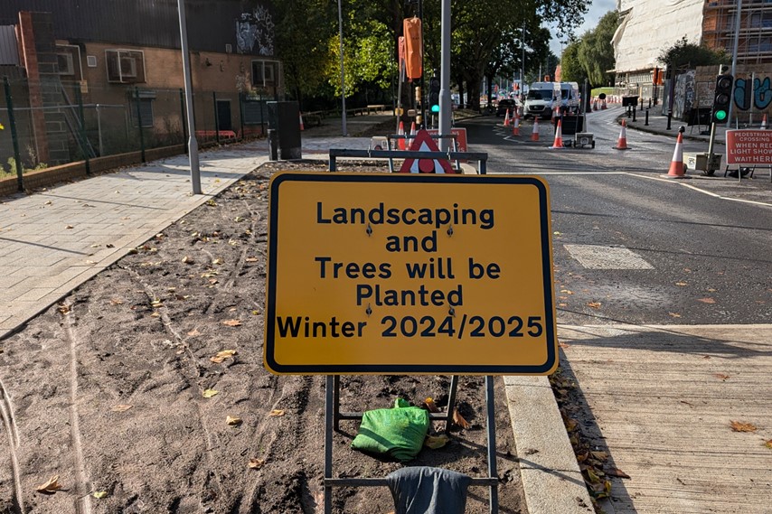 Sign on Dalby Avenue that says Landscaping and Trees will be Planted Winter 2024/2025