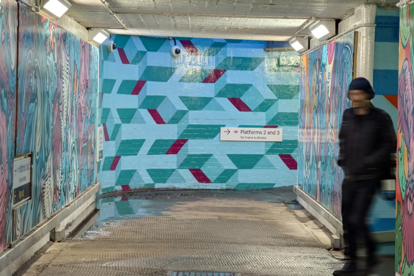 View down Bedminster Station subway showcasing new street art